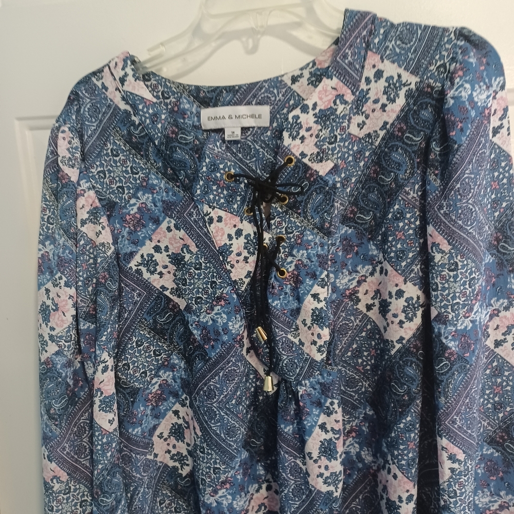 Emma & Michele 1X Tunic Style Dress Blue/Cream/Pink Pattern Lace Up Bust